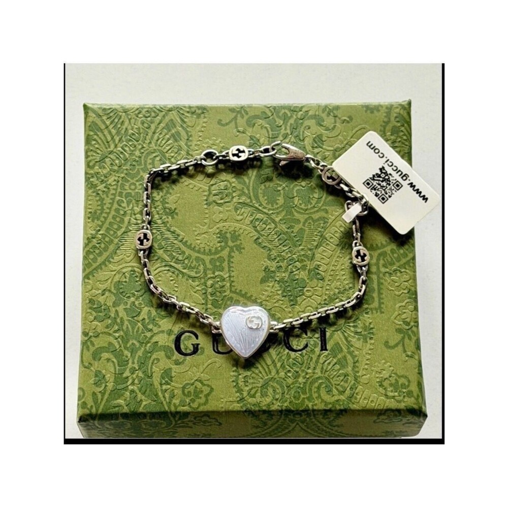 New Full Set Gucci Interlocking G Heart Bracelet Womens 925 Silver White Size 16
